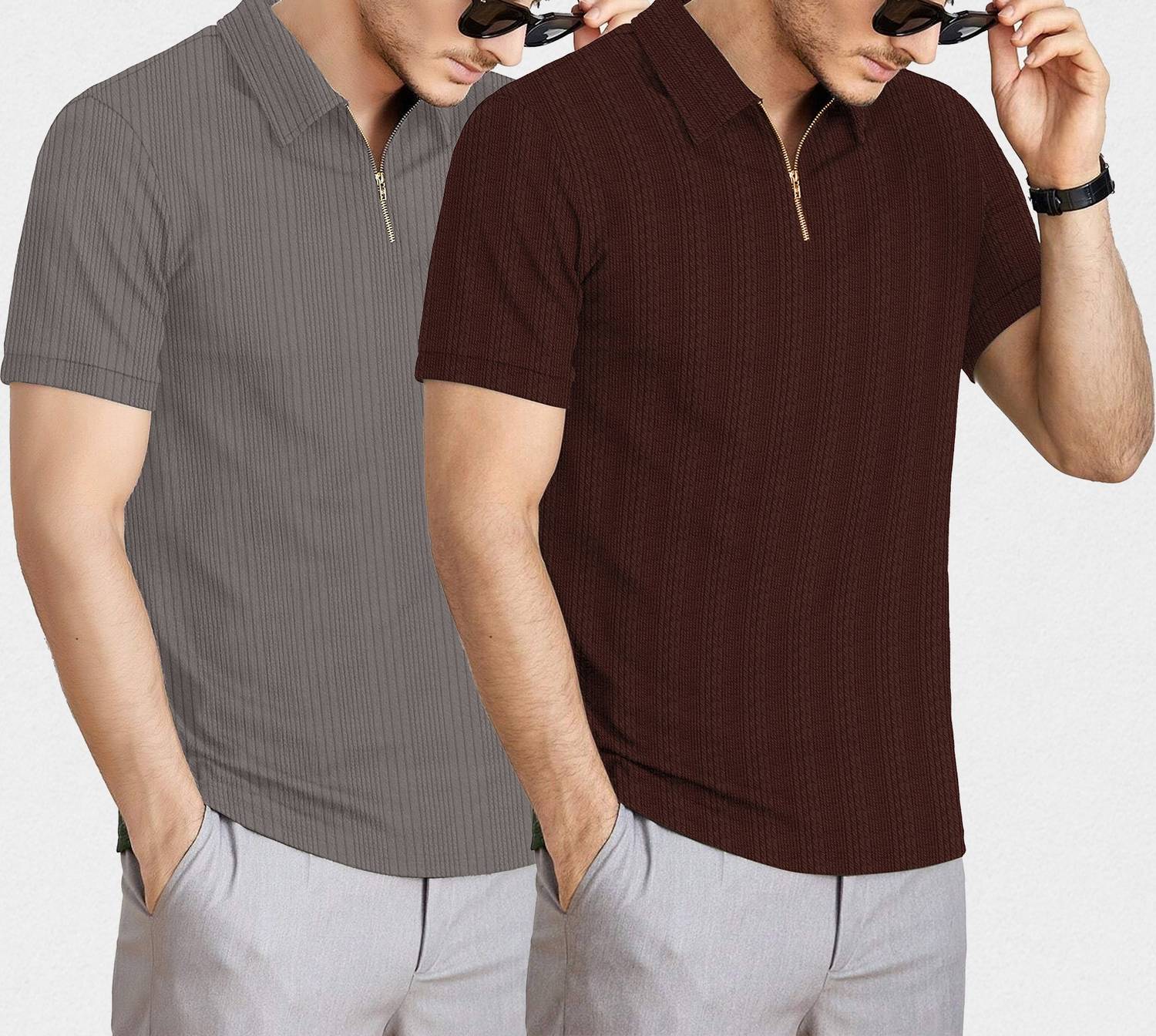 KAJARU Men Zip Neck Brown T-Shirt Pack of 2 - Image 4