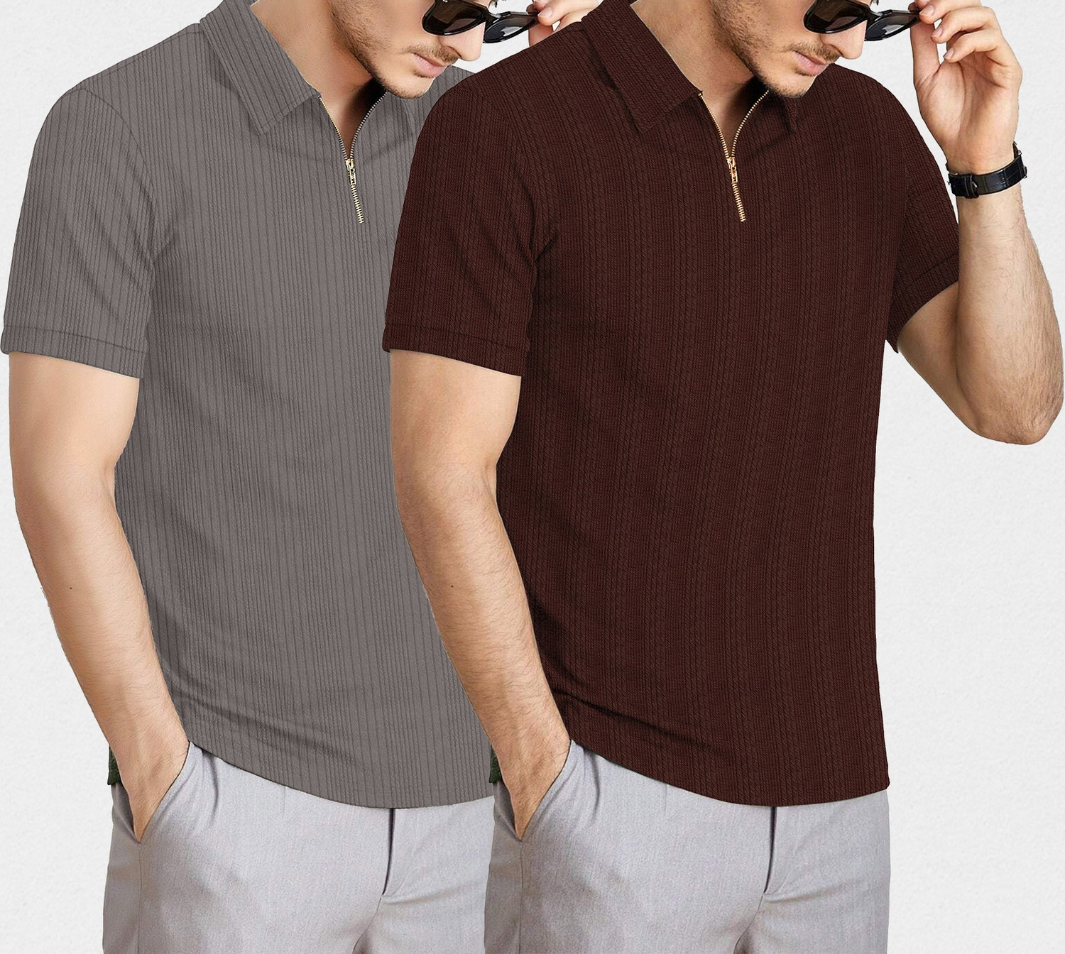 Image of KAJARU Self Design Men Zip Neck Brown, Grey T-Shirt