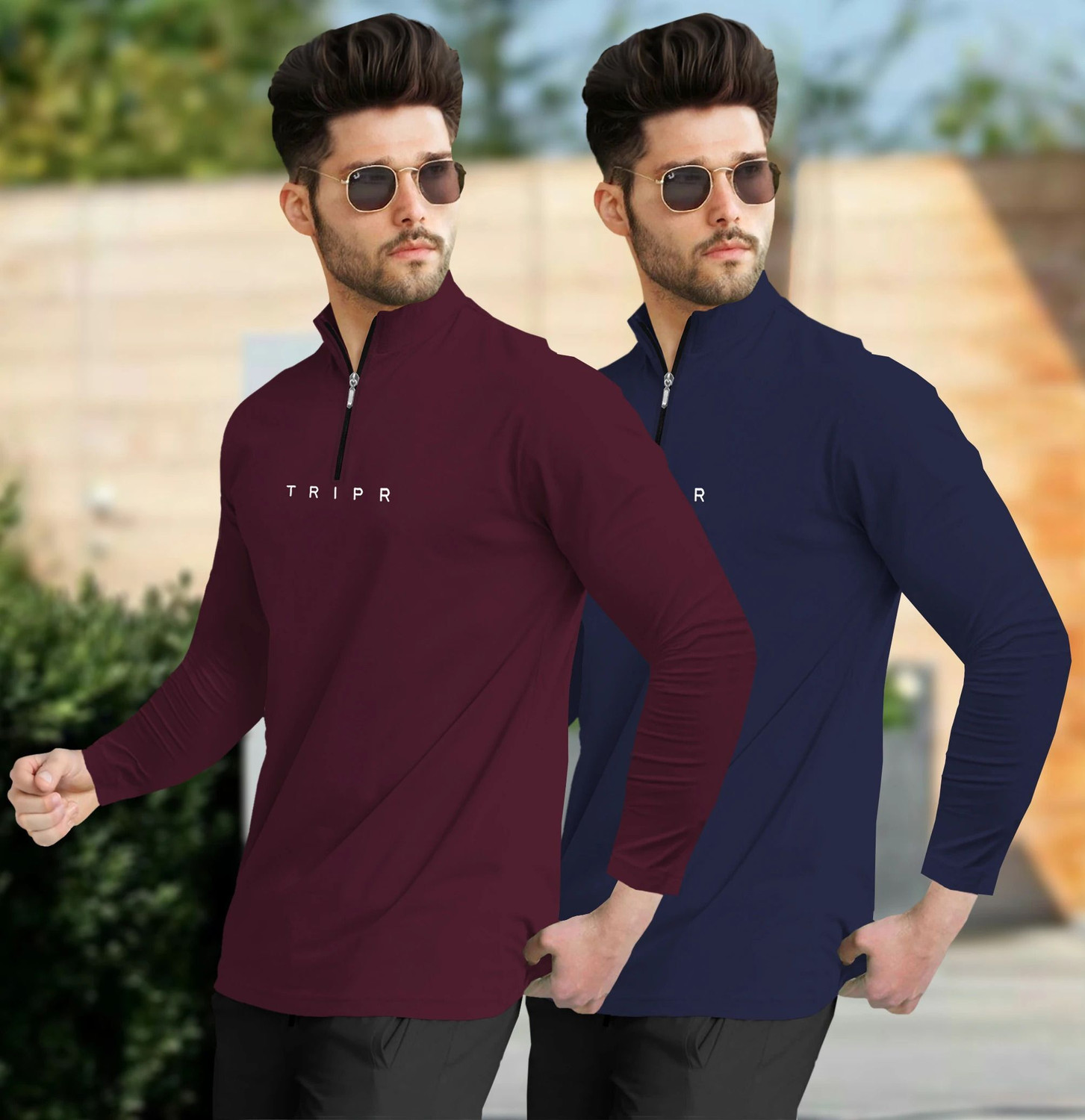 Image of TRIPR Printed Men Henley Neck Maroon, Navy Blue T-Shirt