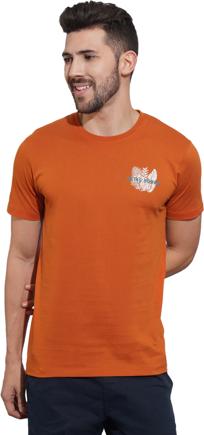 Image of BEING HUMAN Solid Men Crew Neck Orange T-Shirt