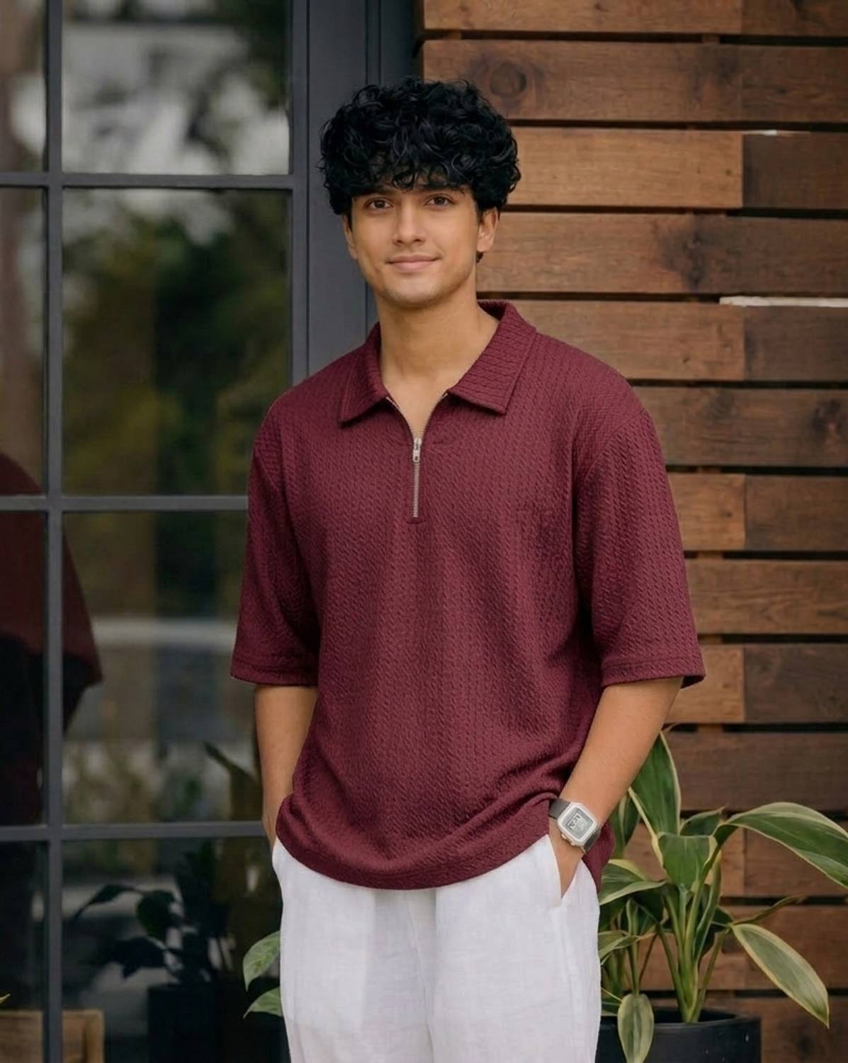 Moddrem Self Design Men Zip Neck Maroon T-Shirt