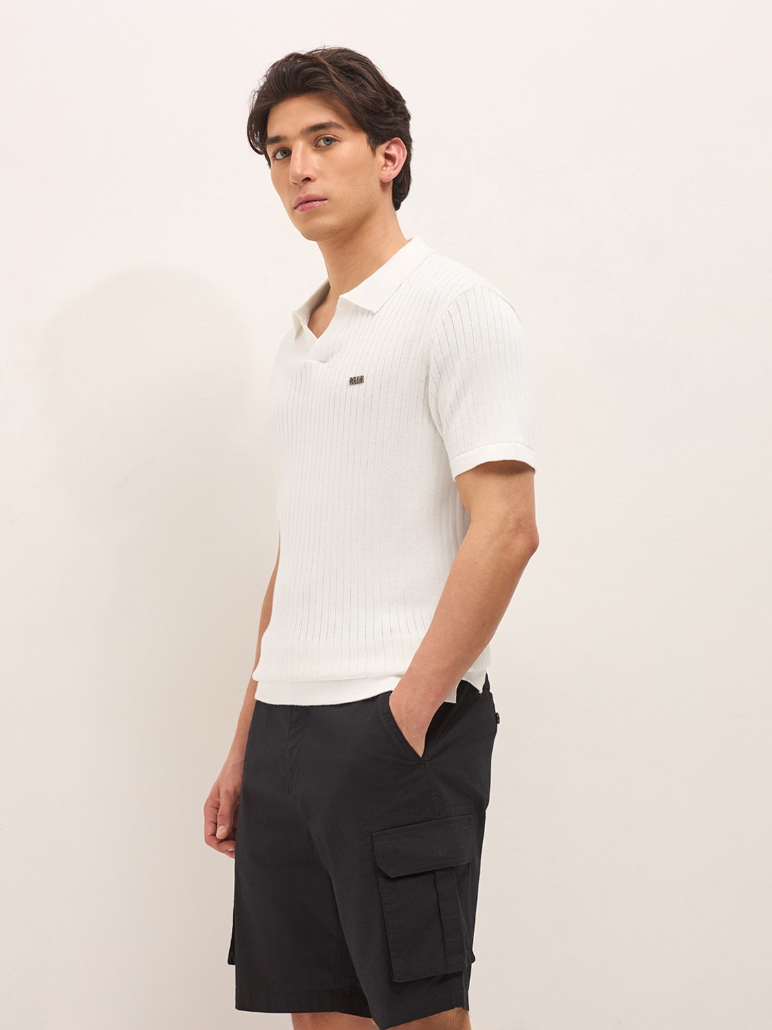Image of THE BEAR HOUSE Striped Men Polo Neck White T-Shirt