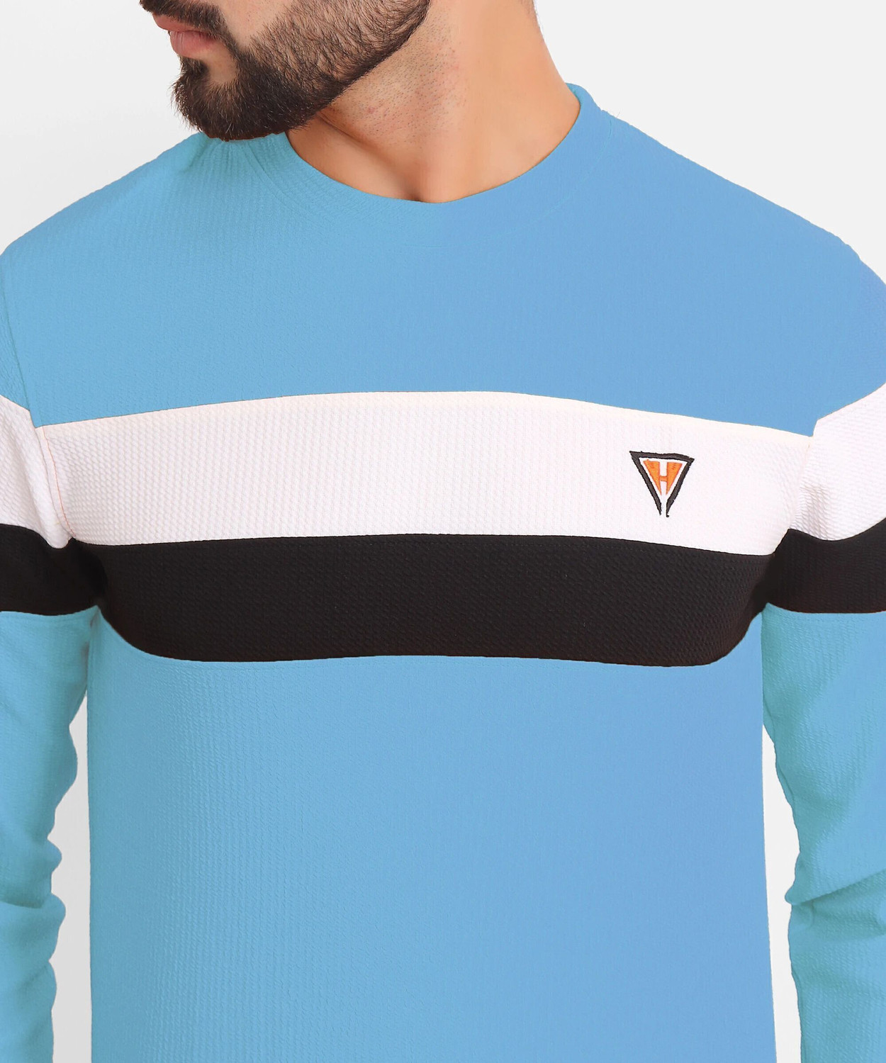 Image of HEXACRAFT Striped Men Round Neck Light Blue T-Shirt