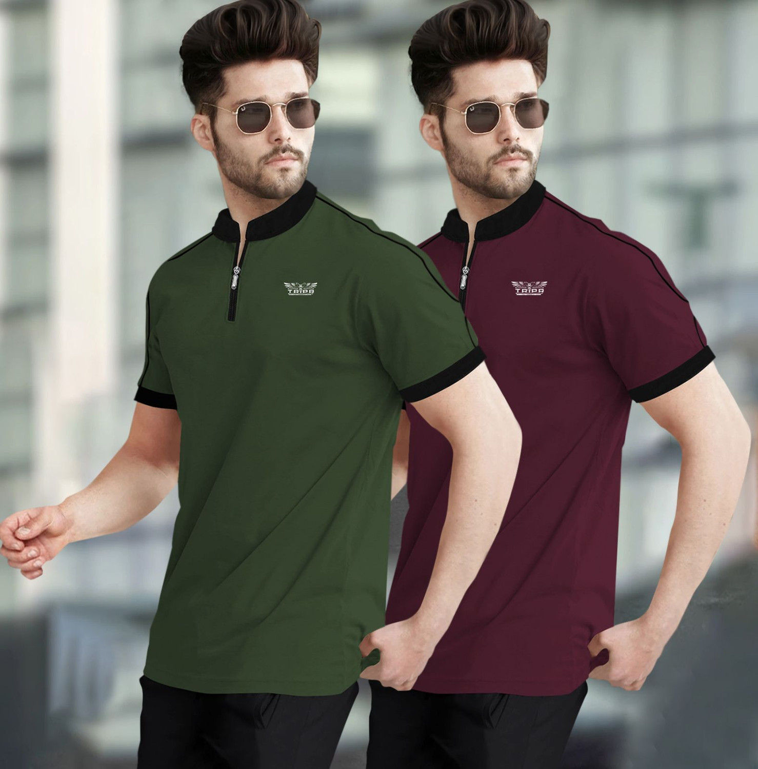 Image of TRIPR Solid Men Mandarin Collar Multicolor T-Shirt