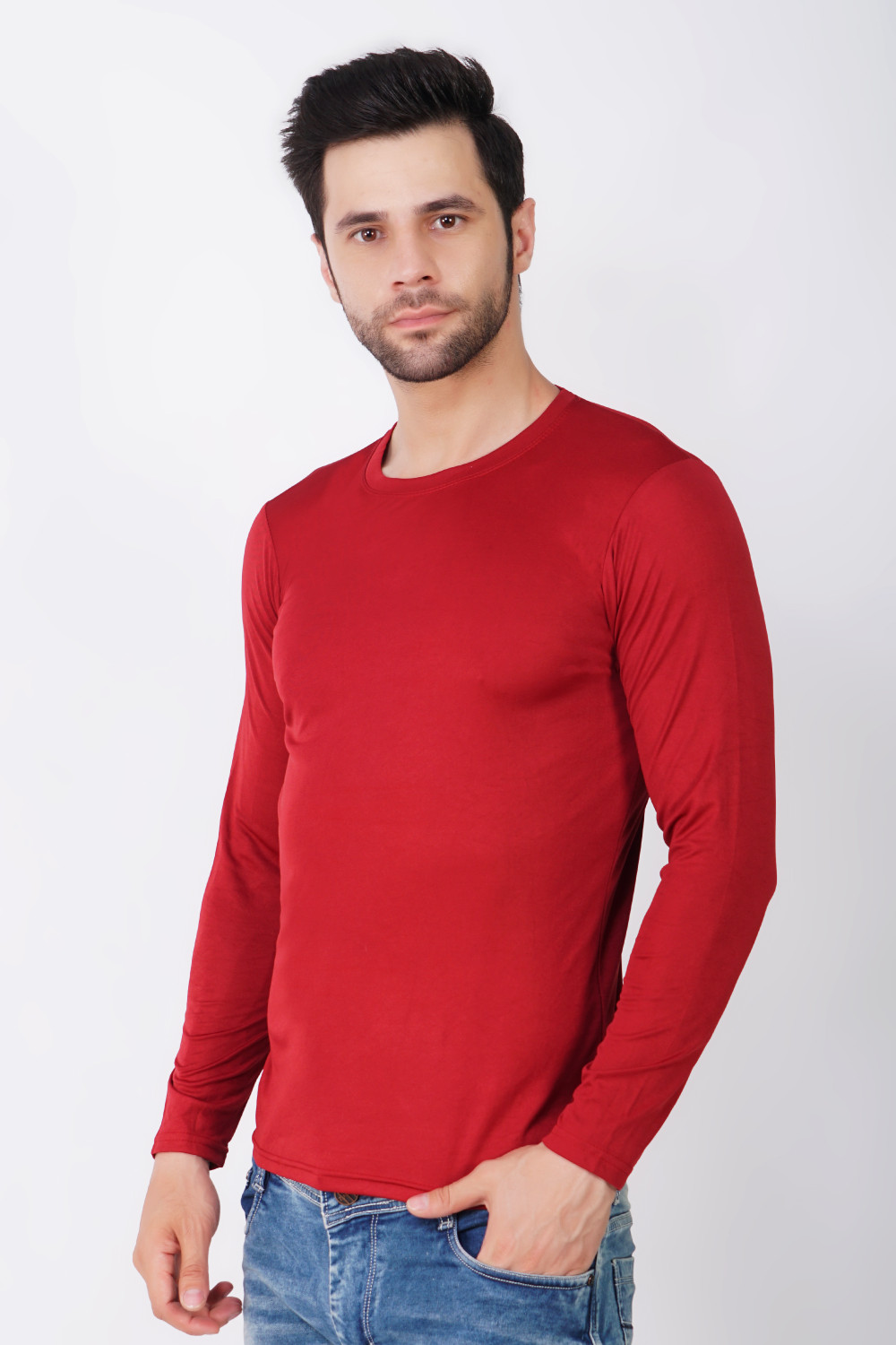 Image of KASPY Solid Men Round Neck Maroon T-Shirt