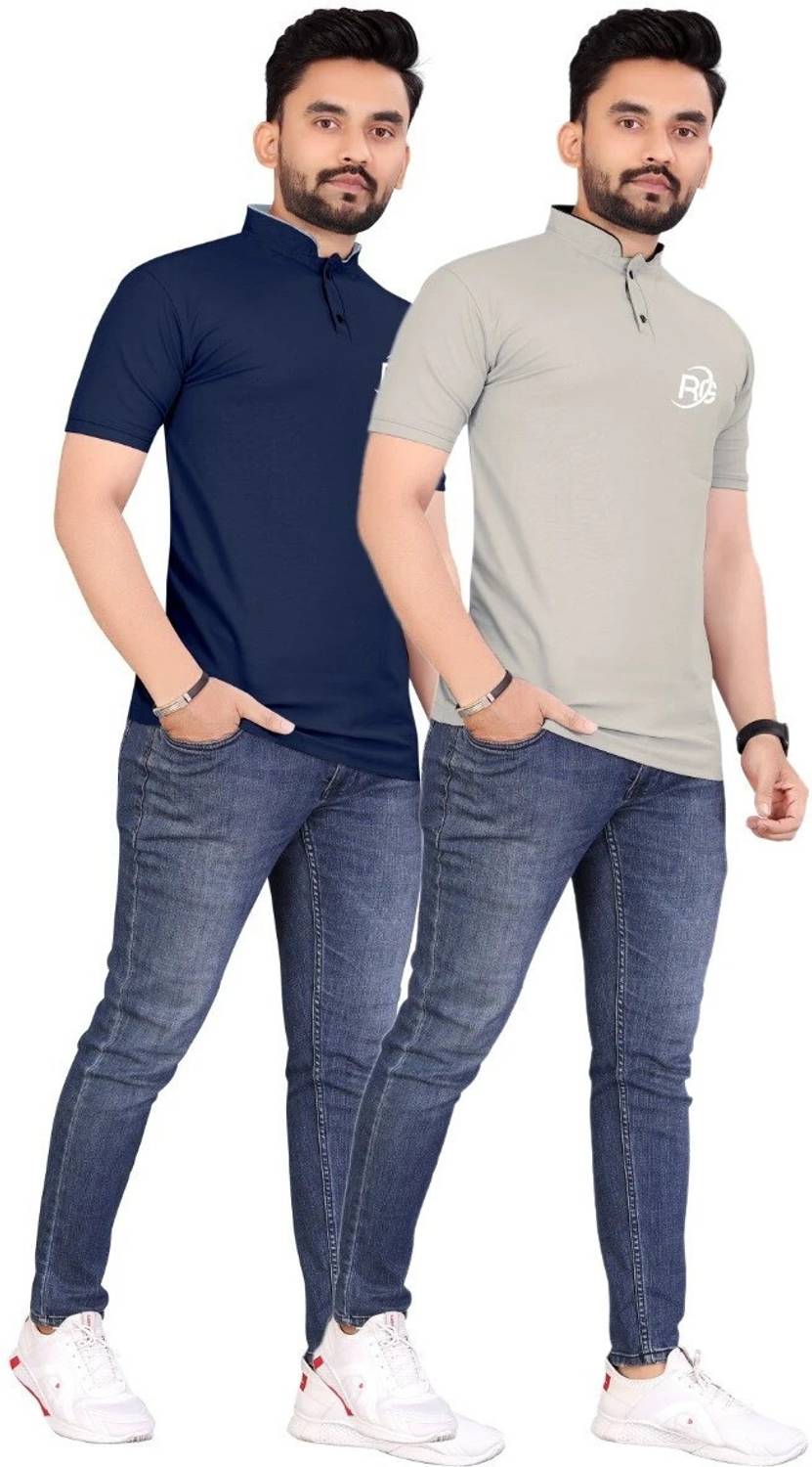 rggarment Pack of 2 Men Solid Mandarin Collar Cotton Blend Dark B