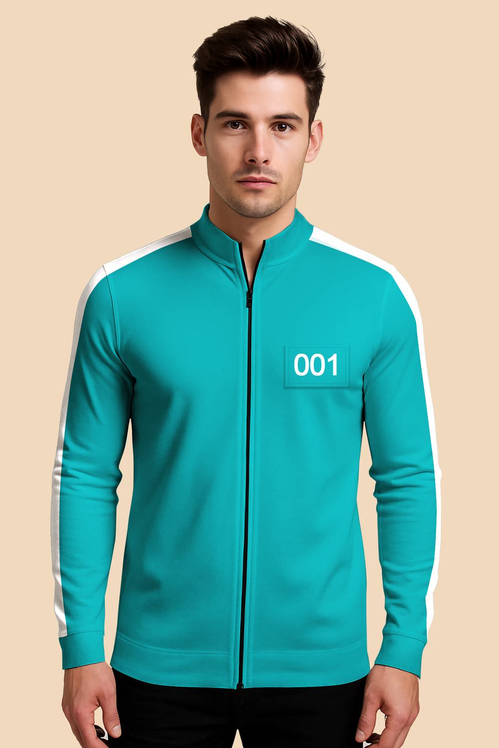 KELONBRO Men Striped Mandarin Collar Polyester Green T-Shirt
