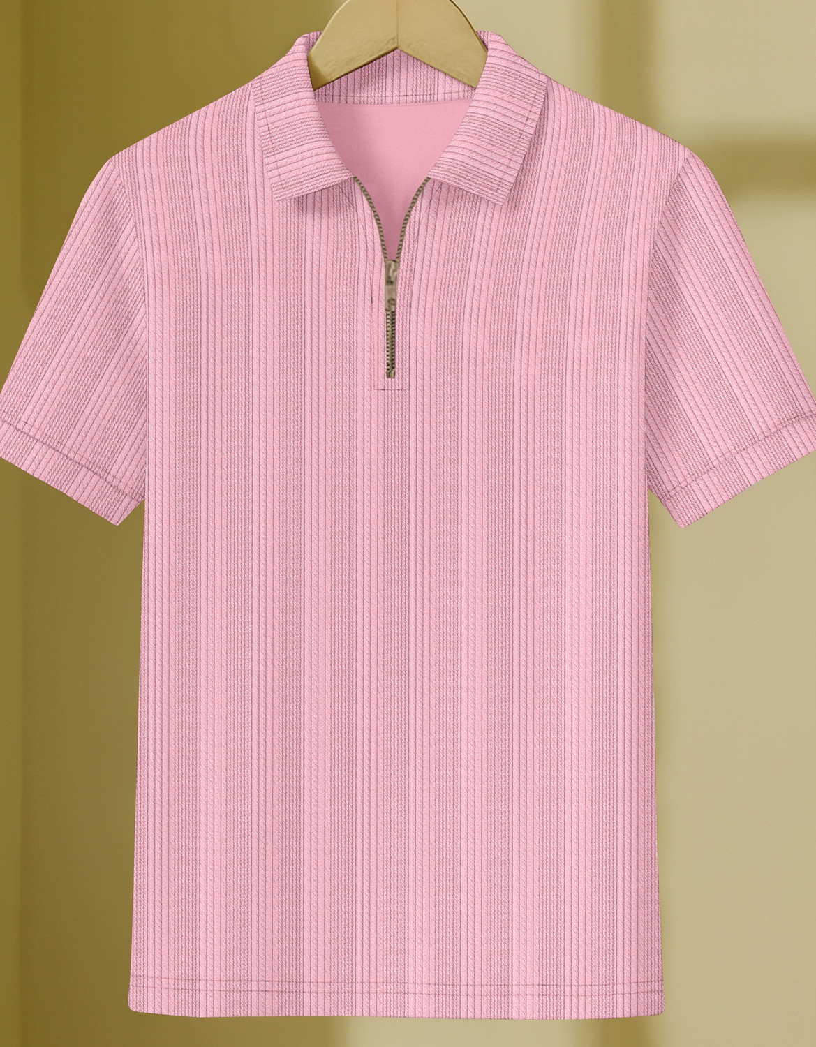 Image of KAJARU Self Design Men Zip Neck Pink T-Shirt