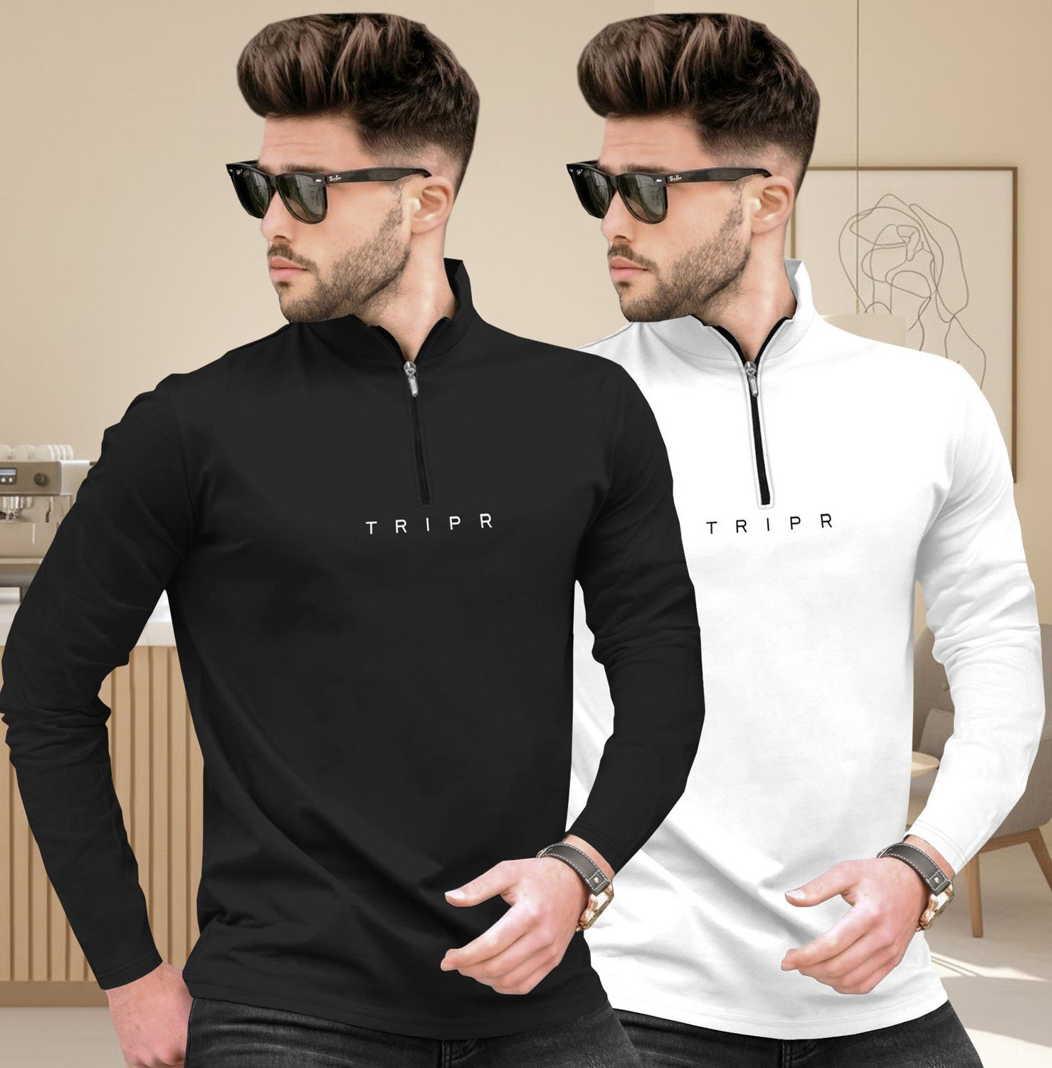 Image of TRIPR Printed Men Henley Neck Black, White T-Shirt