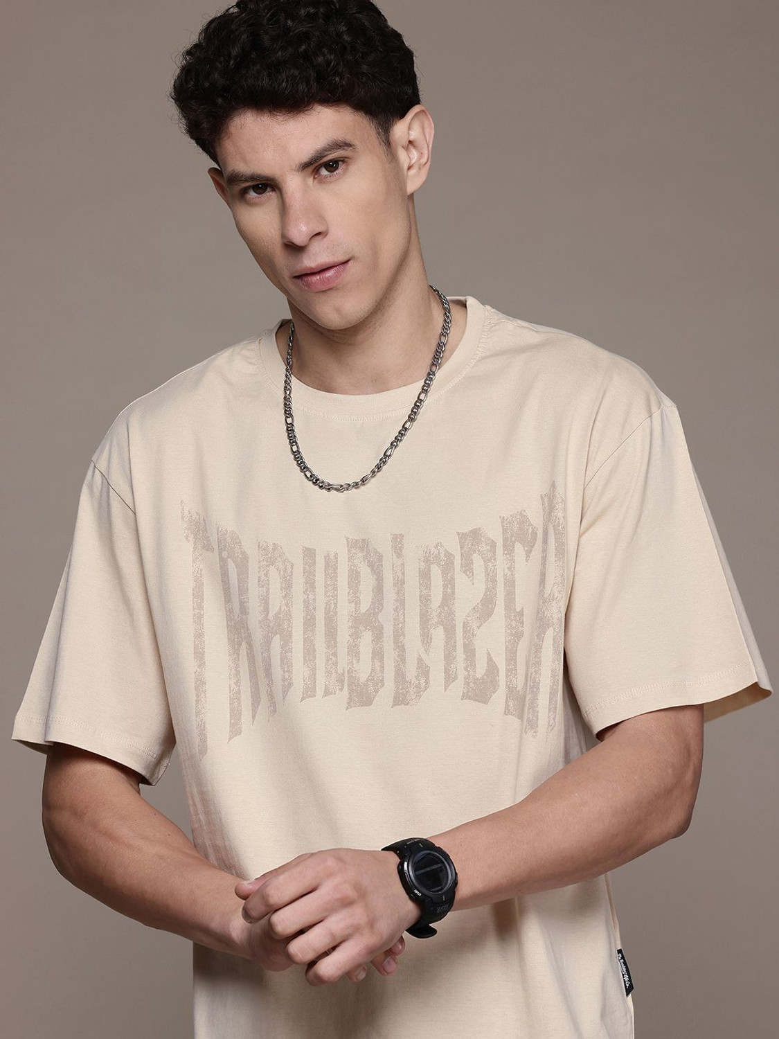 Image of Roadster Printed Men Round Neck Beige T-Shirt
