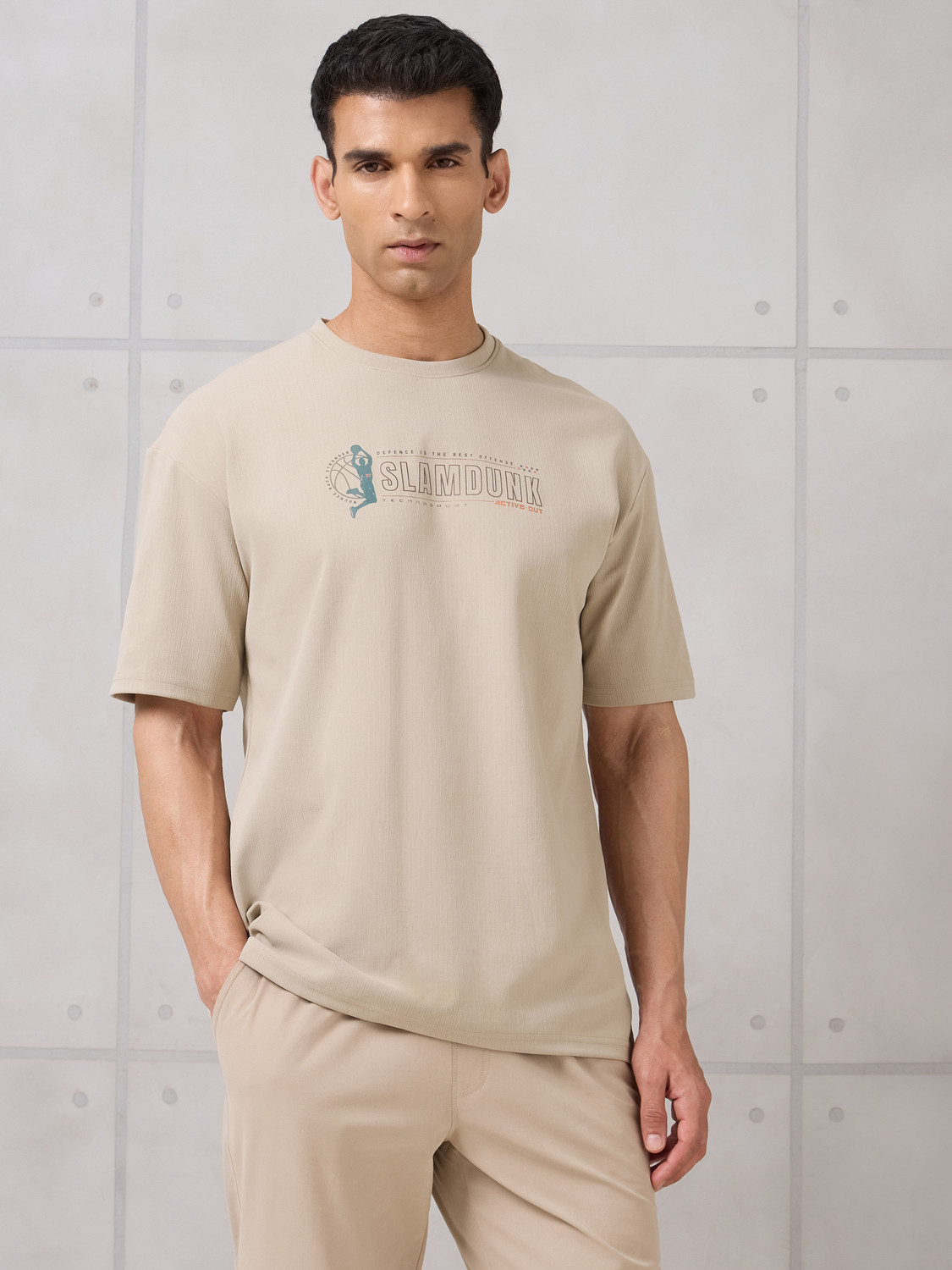 Image of TECHNOSPORT Sporty Men Round Neck Beige T-Shirt