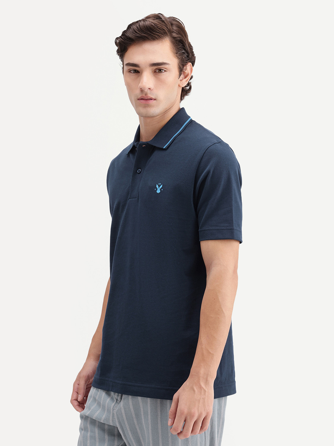 Image of RARE RABBIT Solid Men Polo Neck Navy Blue T-Shirt