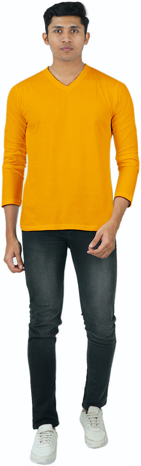 Image of Smart Colors Solid Men V Neck Yellow T-Shirt