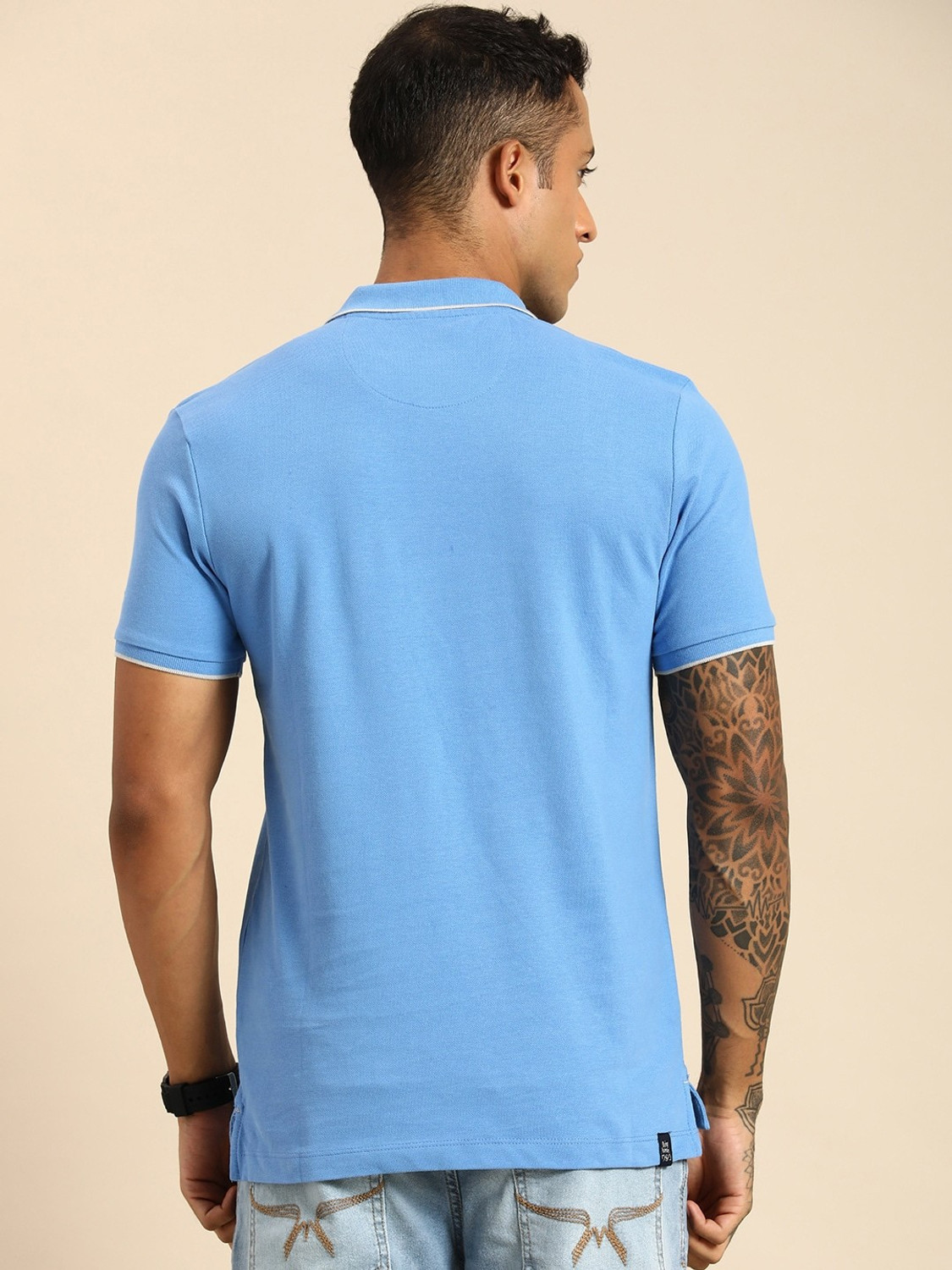 Image of BEING HUMAN Striped Men Polo Neck Blue T-Shirt