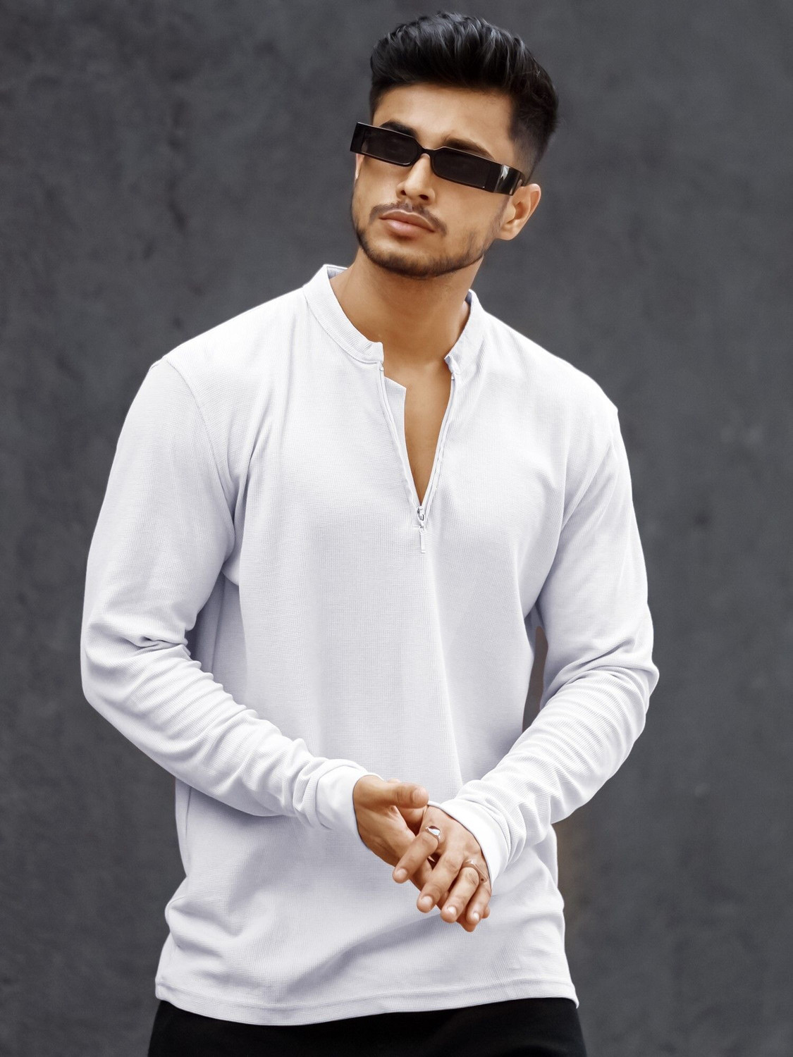 Image of MANIAC Solid Men Henley Neck White T-Shirt