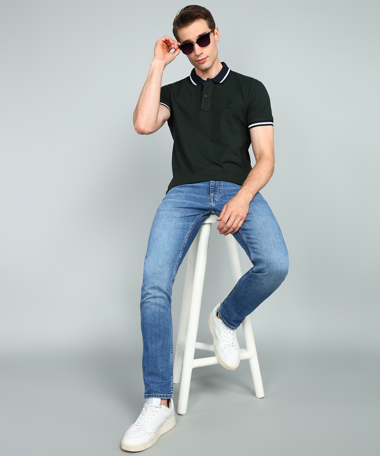 Image of U.S. POLO ASSN. Solid Men Polo Neck Light Green T-Shirt