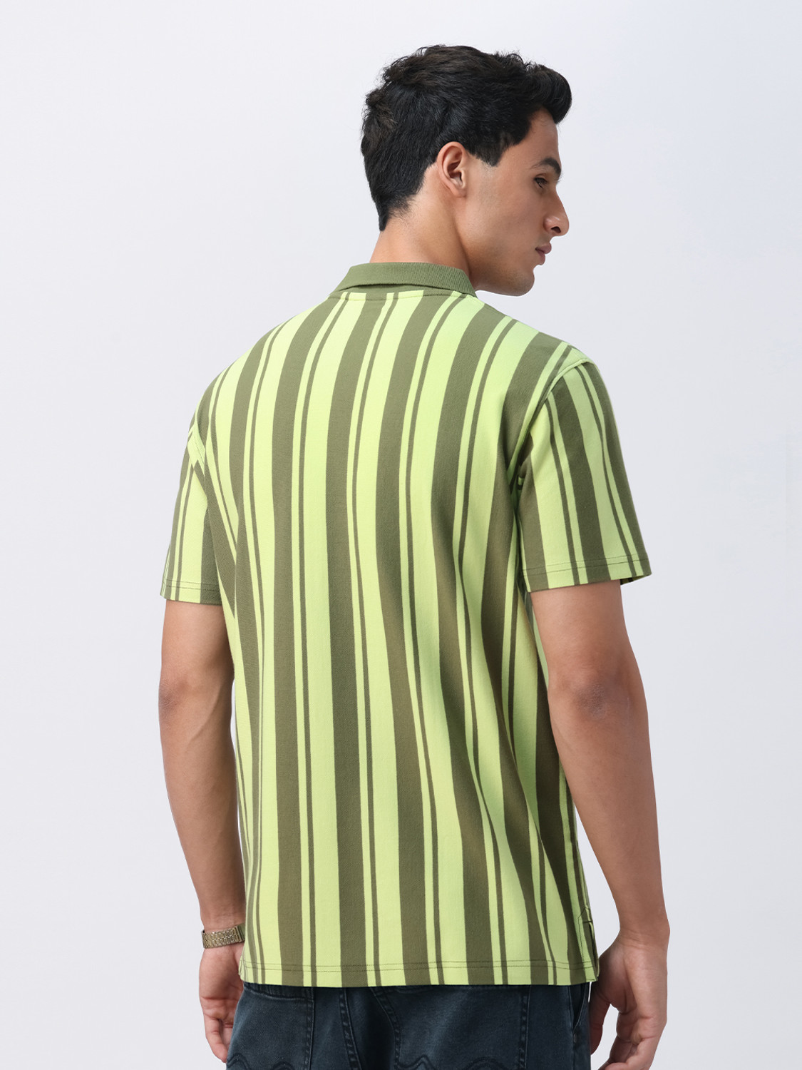 Image of The Souled Store Striped Men Polo Neck Green T-Shirt