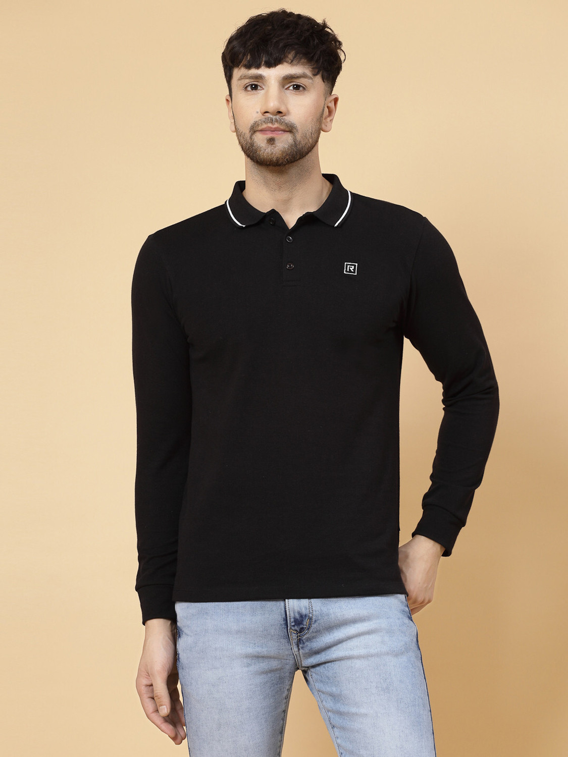 Image of RIGO Printed Men Polo Neck Black T-Shirt