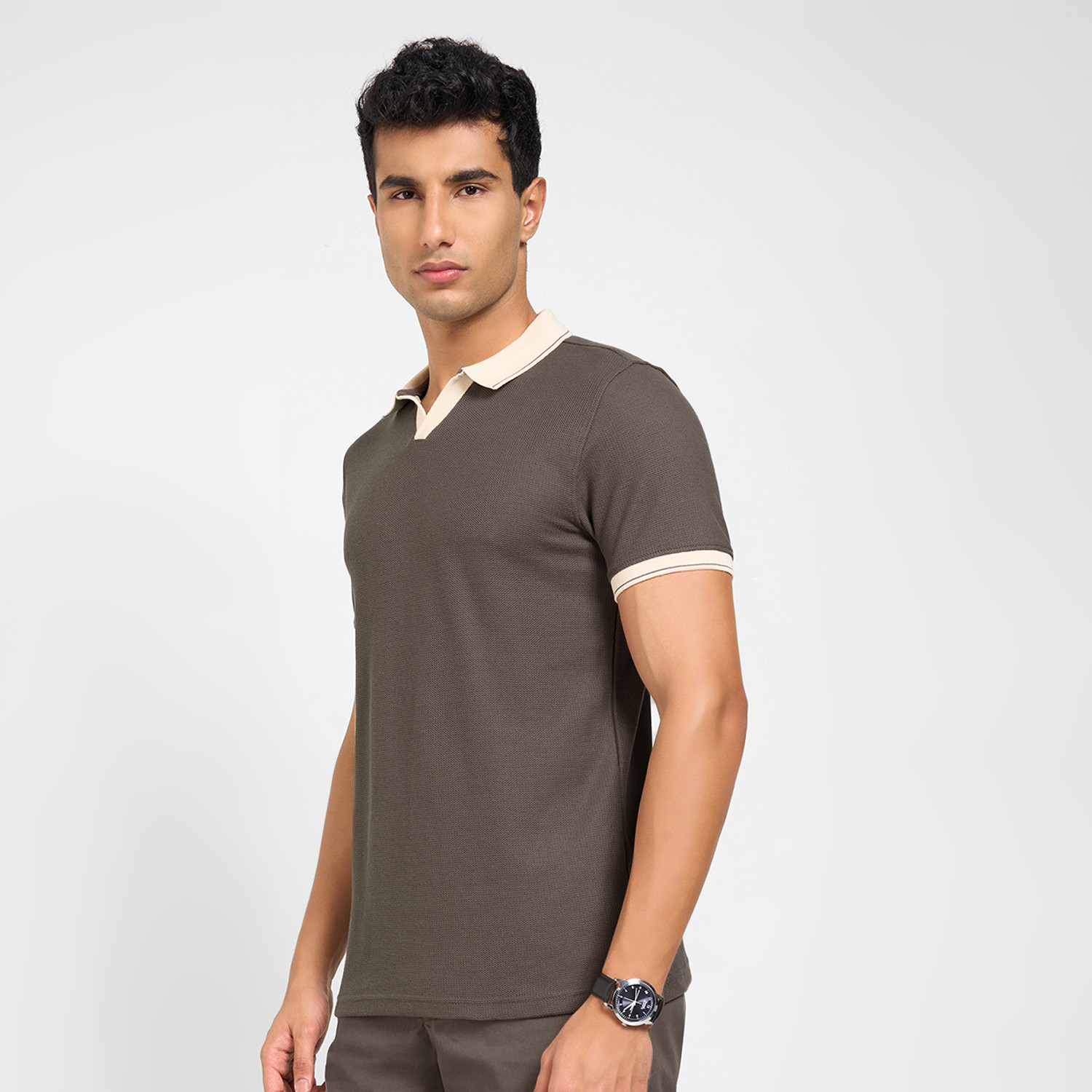 Image of Peregrine by Pantaloons Striped Men Polo Neck Grey T-Shirt