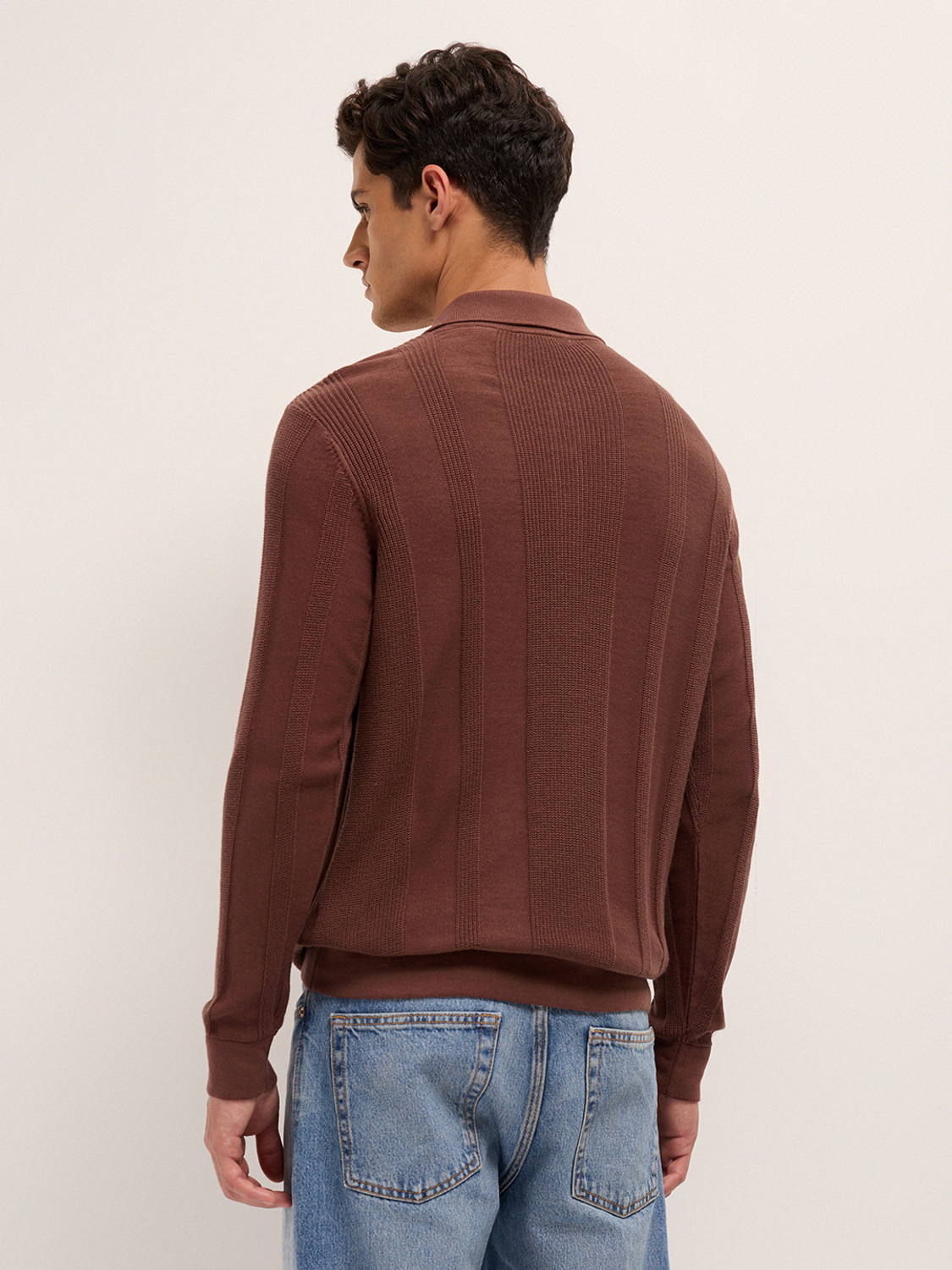 Image of THE BEAR HOUSE Striped Men Polo Neck Brown T-Shirt