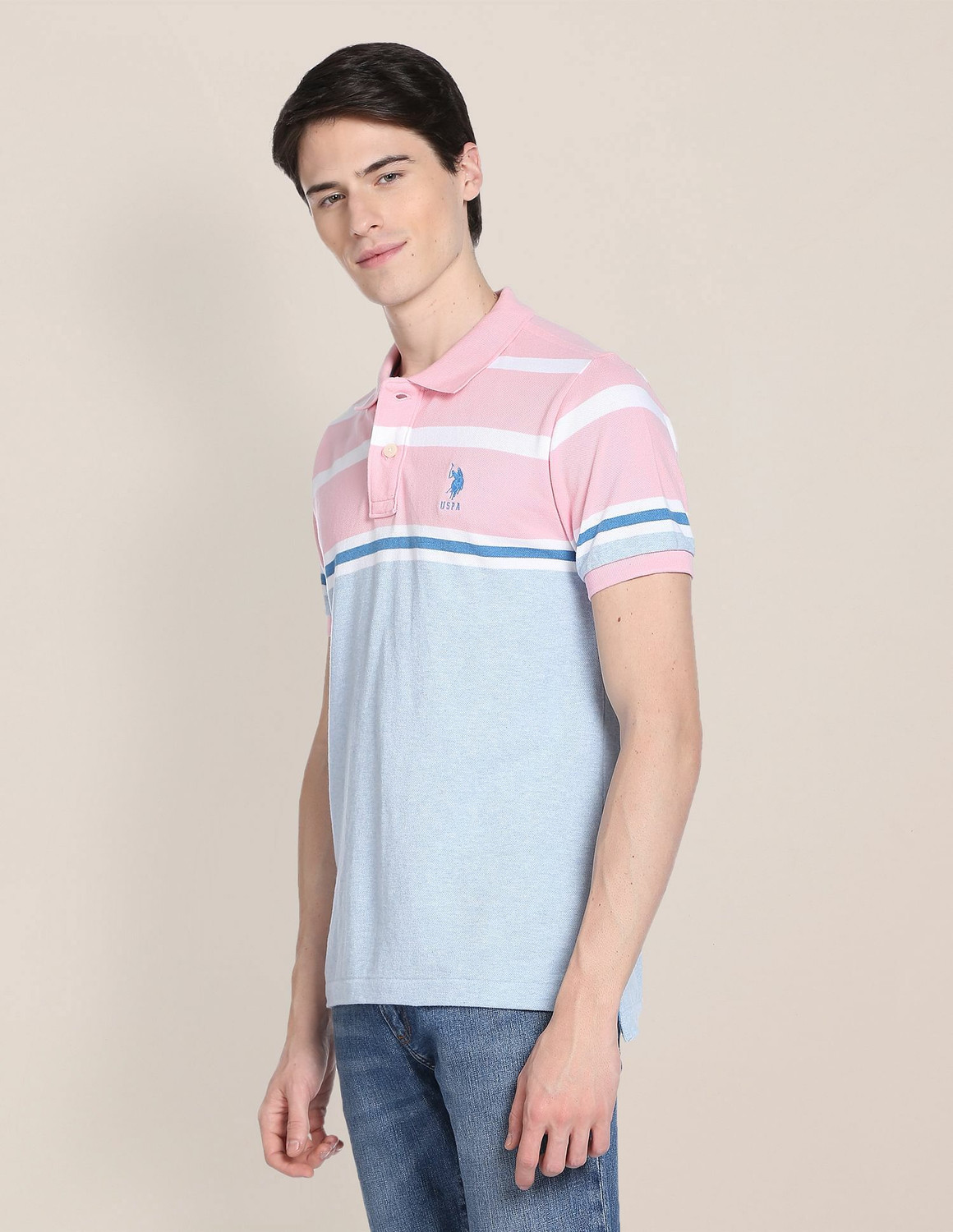 Image of U.S. POLO ASSN. Colorblock Men Polo Neck Pink T-Shirt