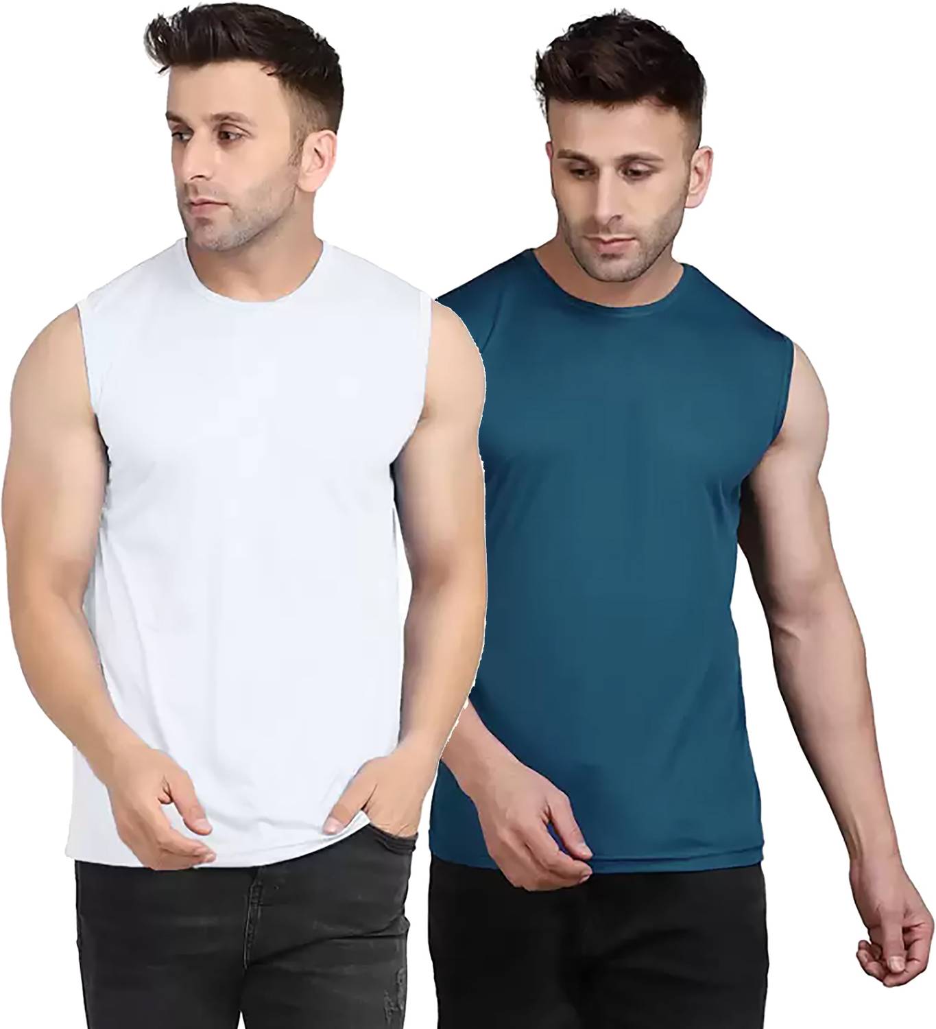 Renowned Pack of 2 Men Solid Round Neck Polyester White, Blue T-S