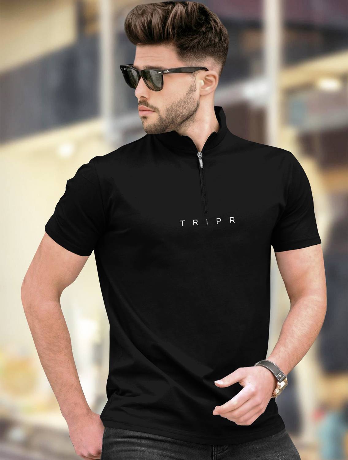 TRIPR Men Typography Mandarin Collar Cotton Blend Black T-Shirt
