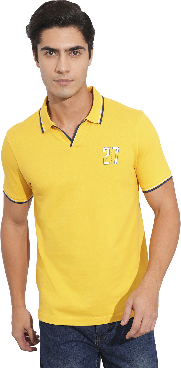 Image of BEING HUMAN Solid Men Polo Neck Yellow T-Shirt