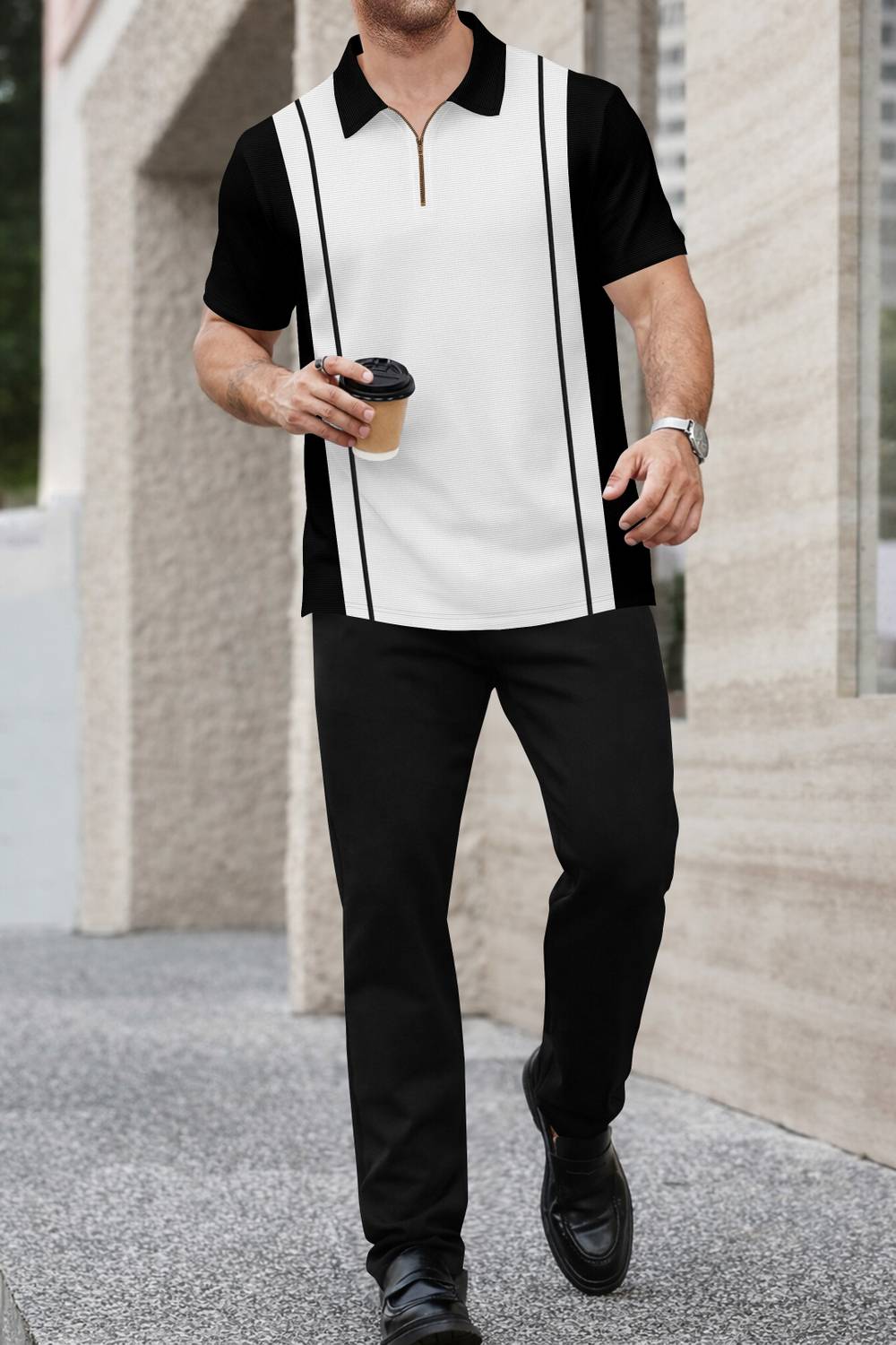 KAJARU Colorblock Men Polo Neck Black, White T-Shirt - Image 5