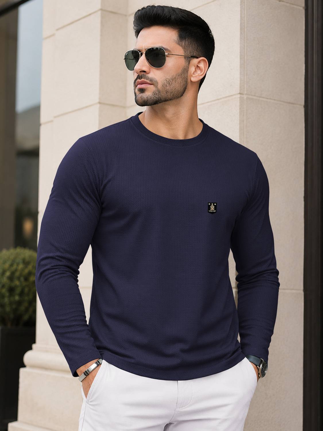 VeBNoR Men Self Design Round Neck Polyester Navy Blue T-Shirt