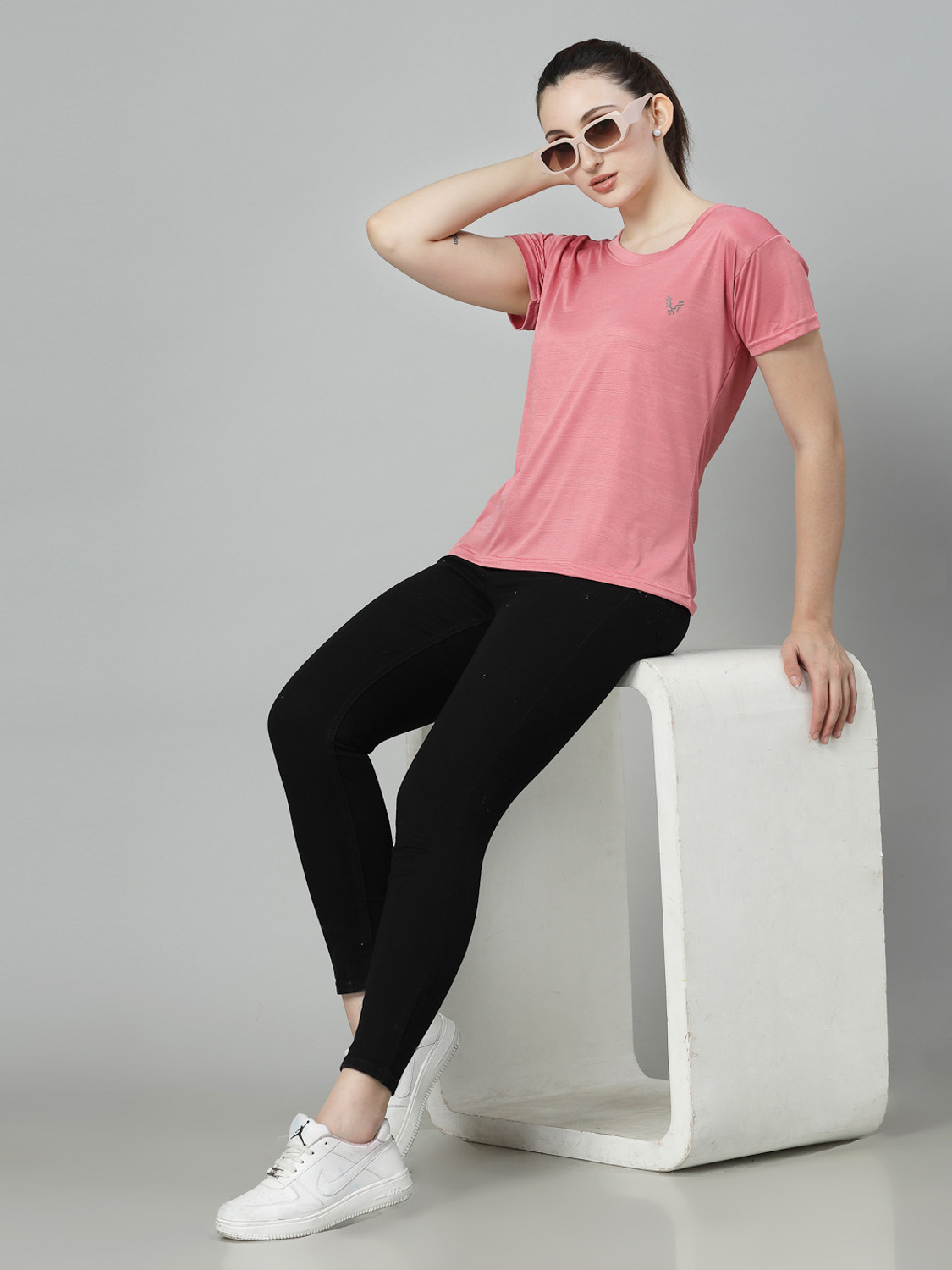 Image of UZARUS Solid Women Round Neck Grey, Pink T-Shirt