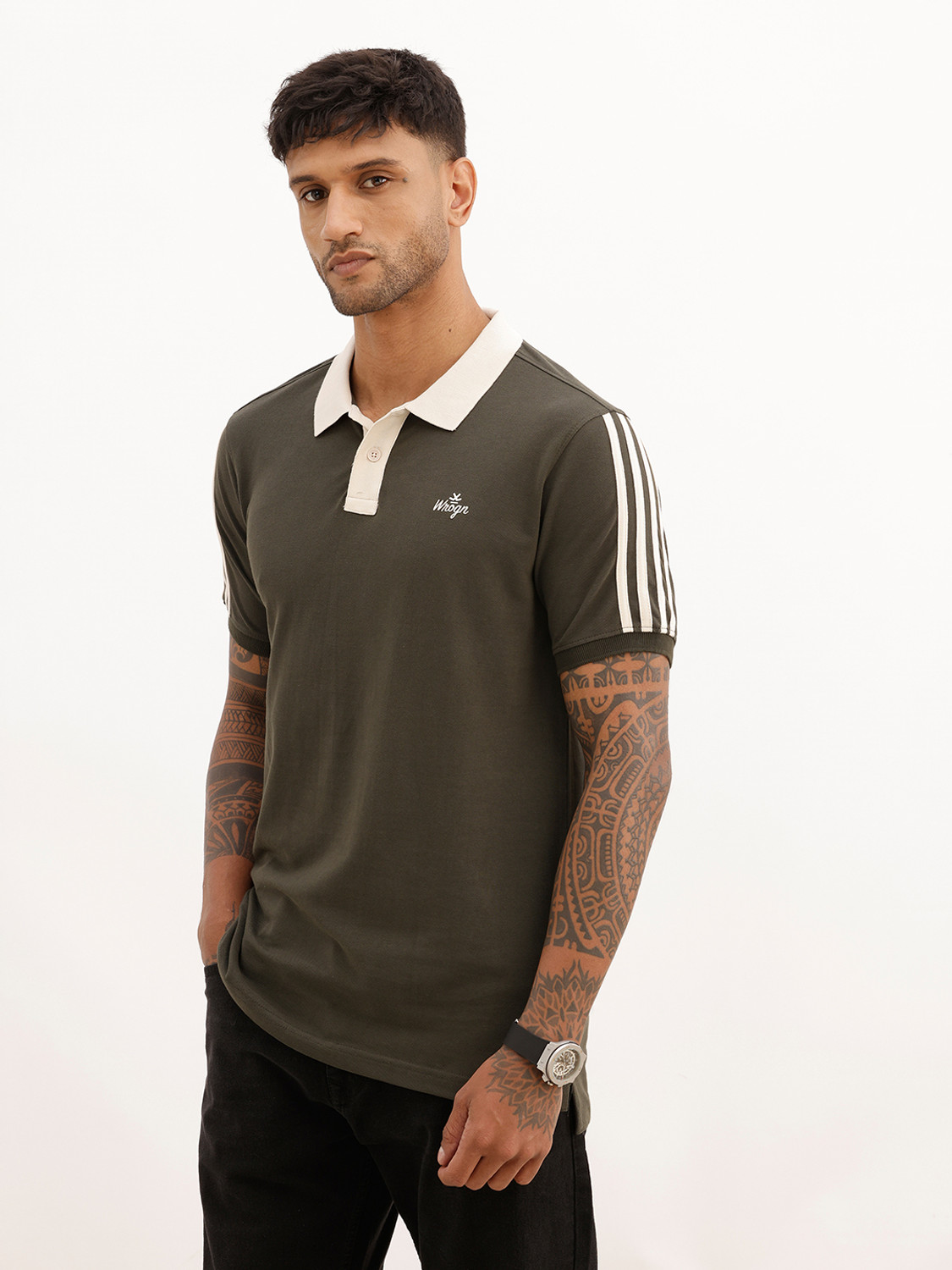 Image of WROGN Solid Men Polo Neck Green T-Shirt