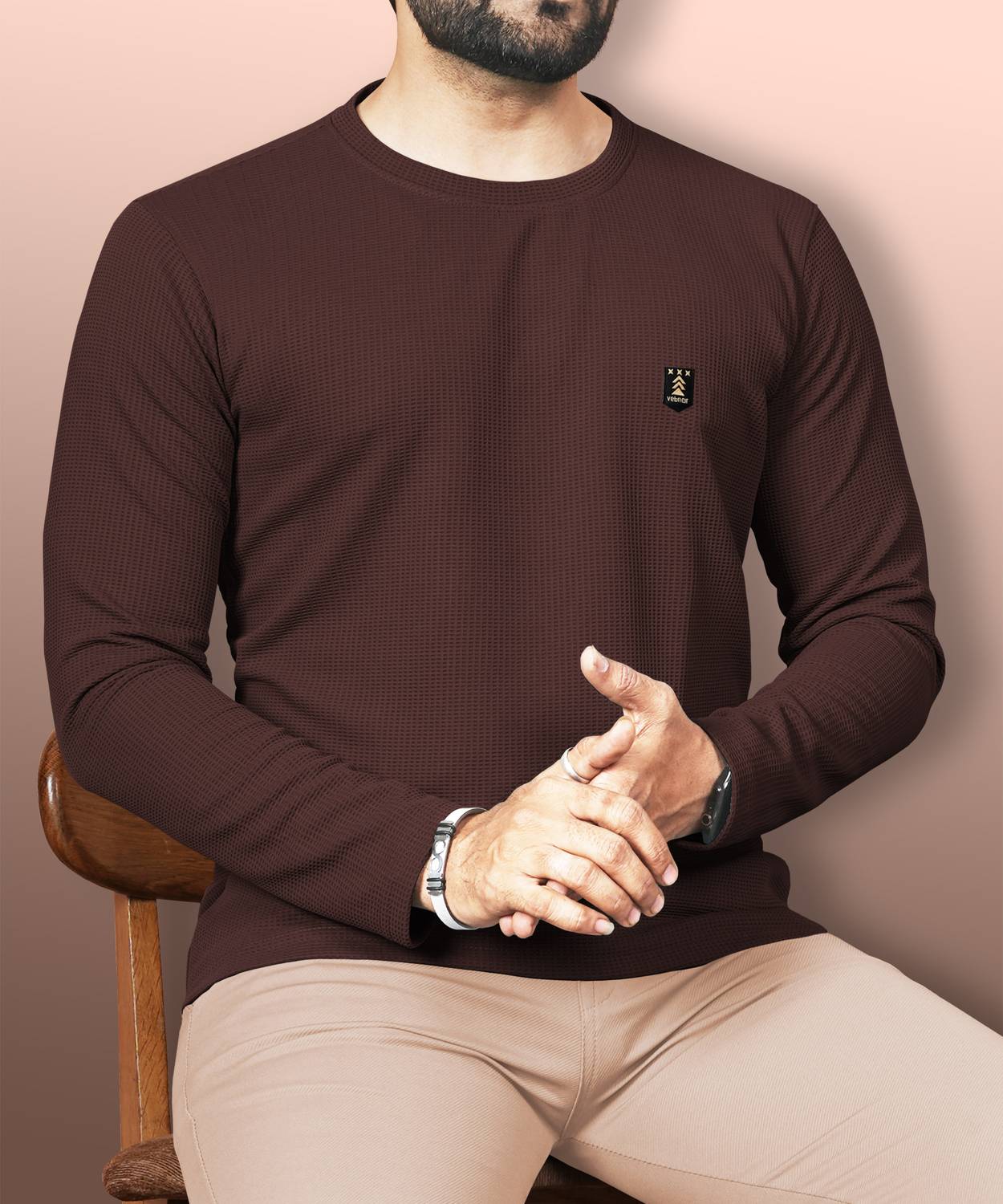 VeBNoR Men Self Design Round Neck Cotton Blend Brown T-Shirt