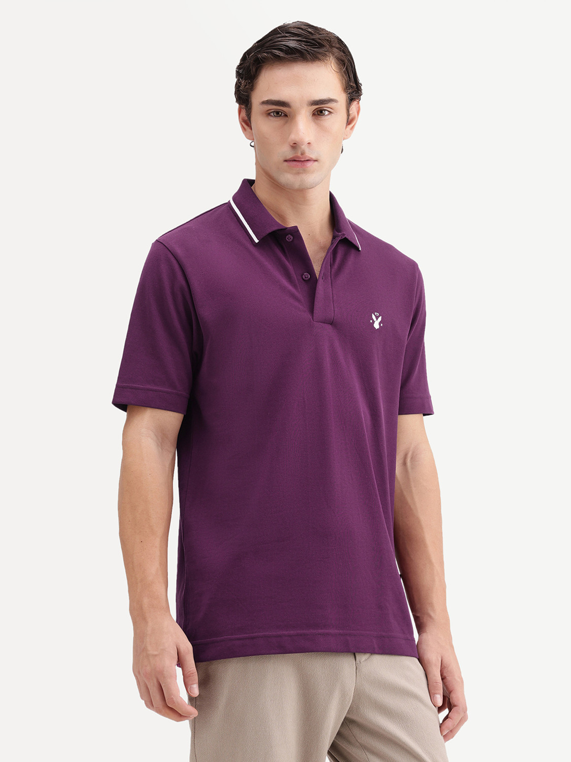 Image of RARE RABBIT Solid Men Polo Neck Purple T-Shirt