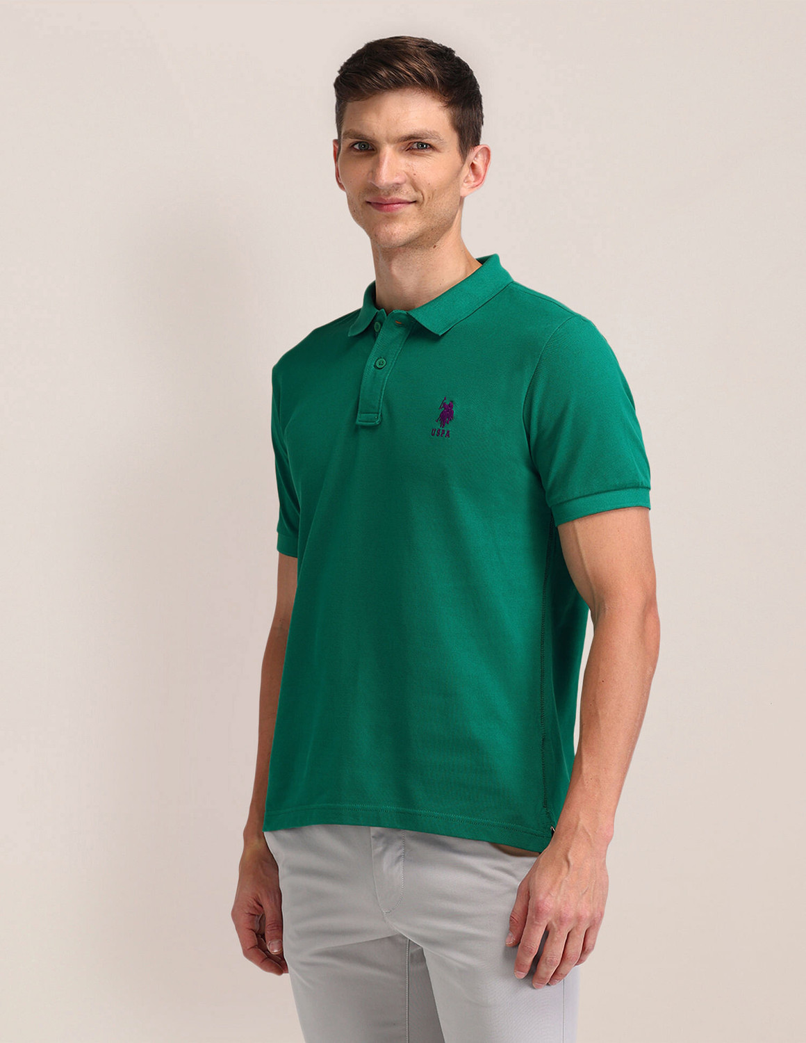 Image of U.S. POLO ASSN. Solid Men Polo Neck Green T-Shirt