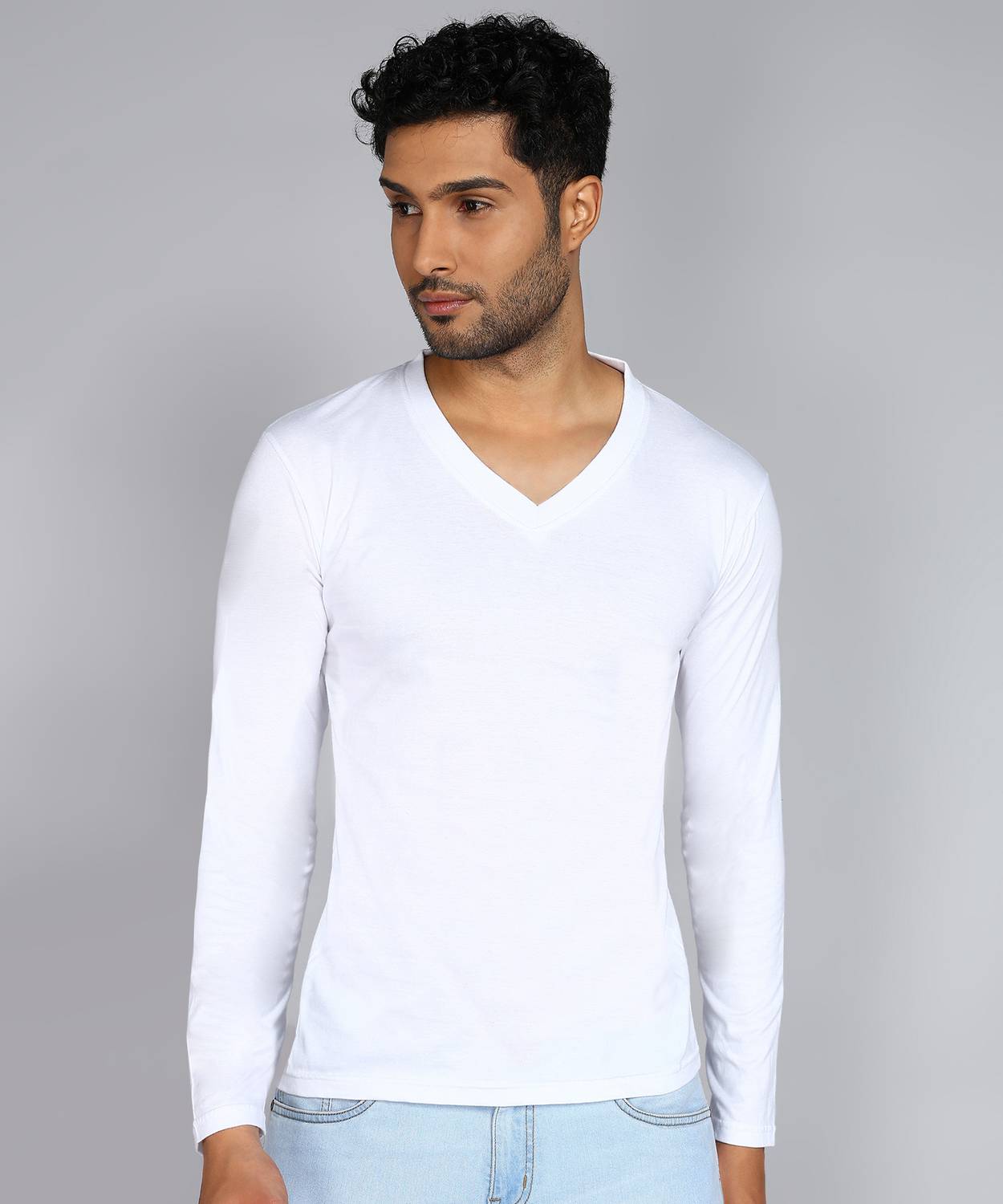 Fleximaa Men Solid V Neck Pure Cotton White T-Shirt