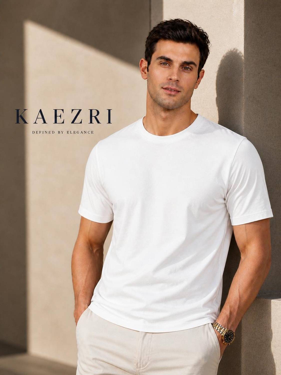 KAEZRI Men Solid Round Neck Pure Cotton White T-Shirt