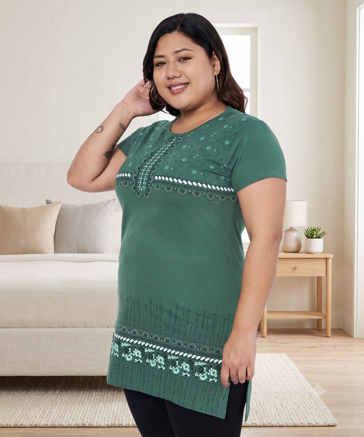 Image of Star Touch Printed Women Round Neck Green T-Shirt
