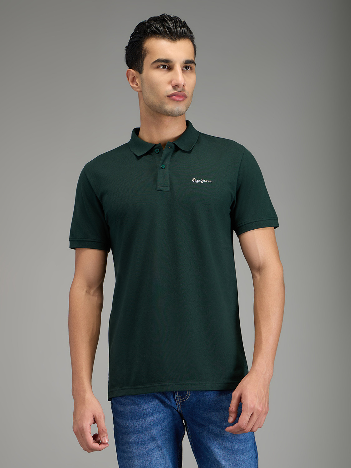 Image of Pepe Jeans Self Design Men Polo Neck Green T-Shirt