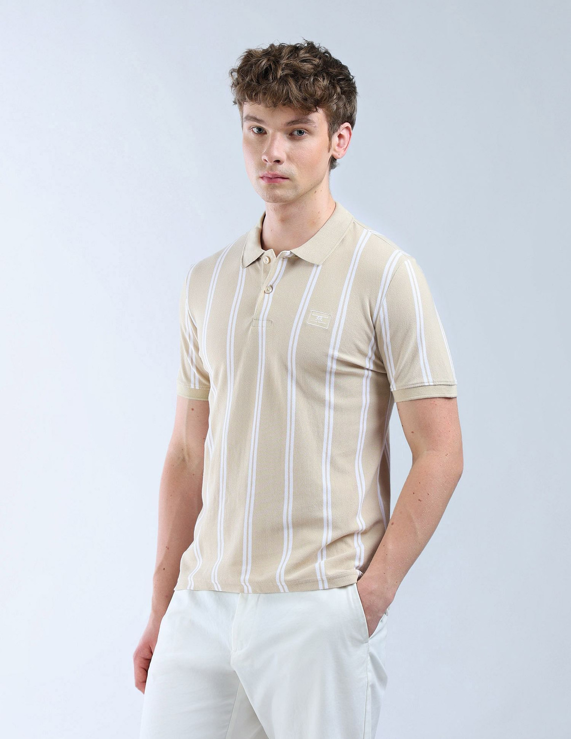 Image of FLYING MACHINE Striped Men Polo Neck Beige T-Shirt