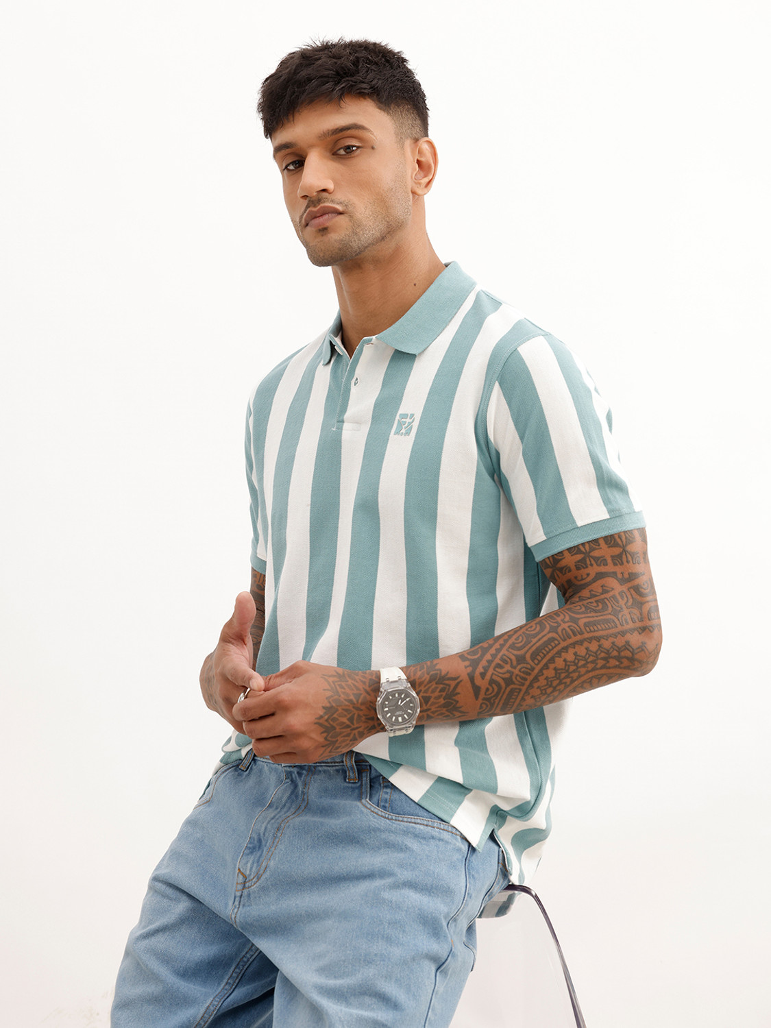 Image of WROGN Men Striped Polo Neck Pure Cotton Green T-Shirt