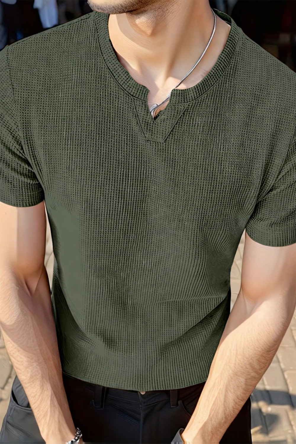 Image of sti Self Design Men V Neck Green T-Shirt