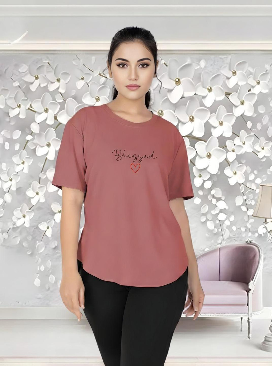 Image of MYo2 Printed Women Round Neck Pink T-Shirt