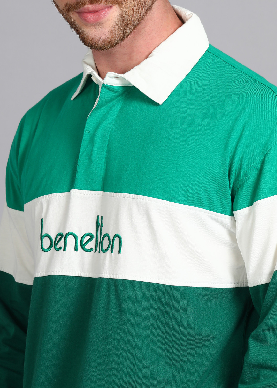 Image of United Colors of Benetton Colorblock Men Polo Neck Green, White T-Shirt