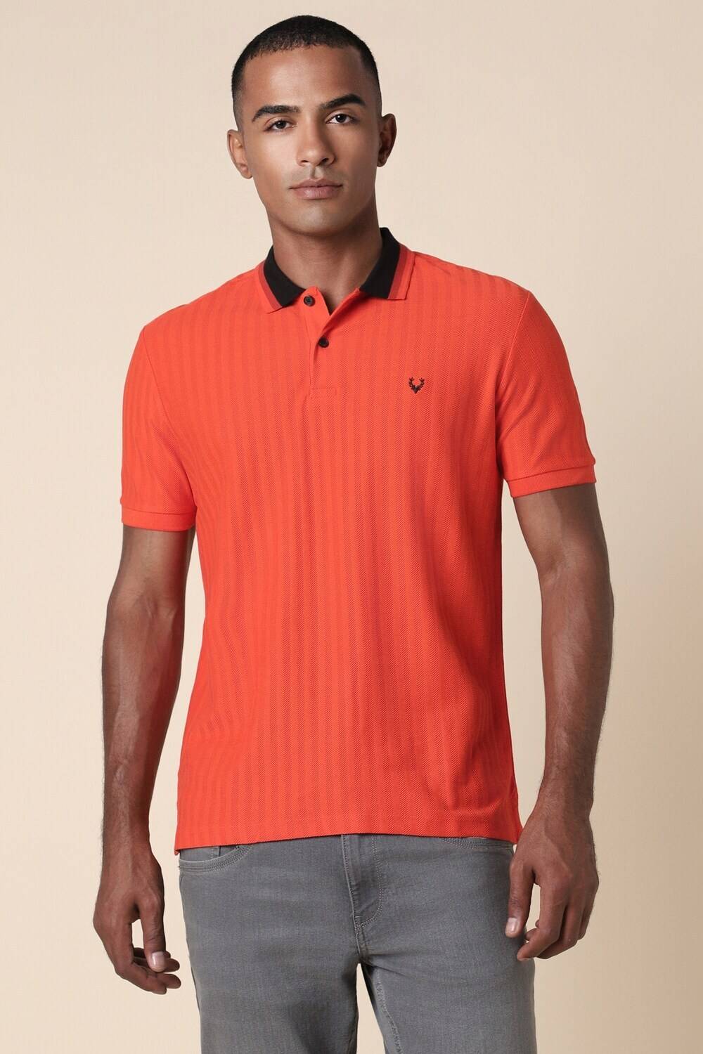 Allen Solly Striped Men Polo Neck Orange T-Shirt