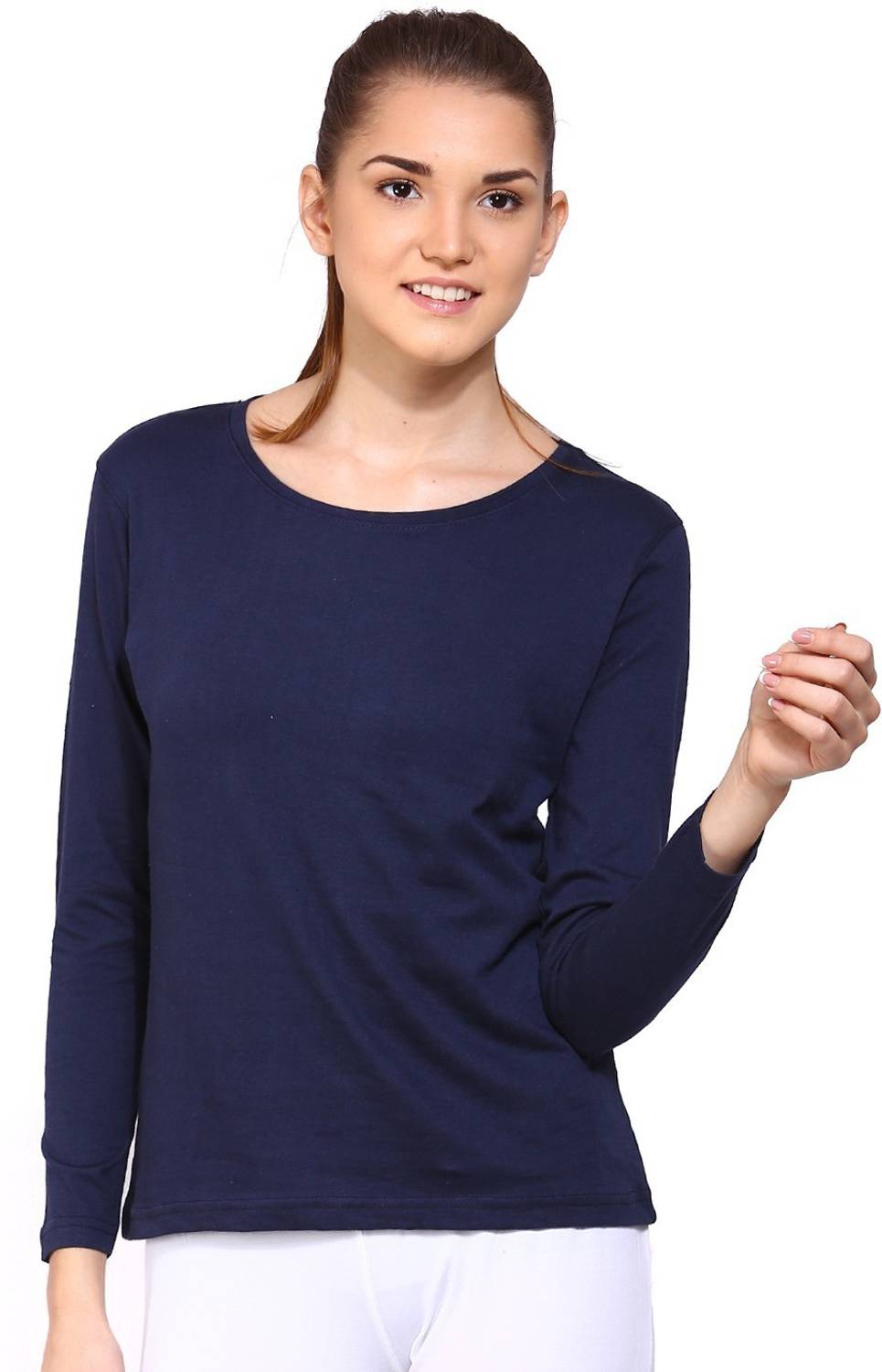 Ap'pulse Women Solid Round Neck Pure Cotton Dark Blue T-Shirt