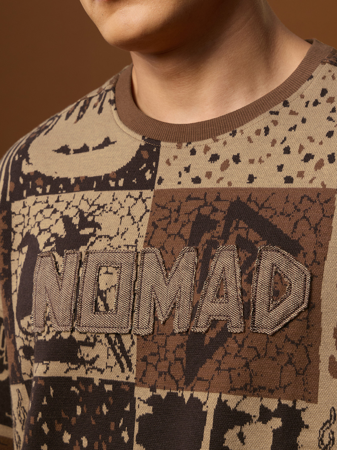 Image of The Souled Store Tribal Print Men Crew Neck Brown T-Shirt