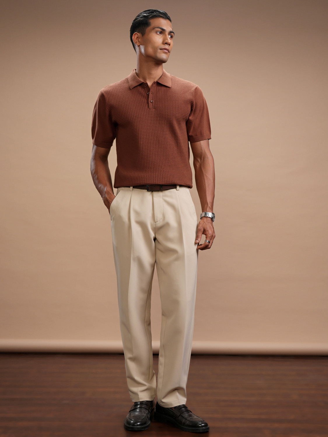 Image of HIGHLANDER Self Design Men Polo Neck Brown T-Shirt