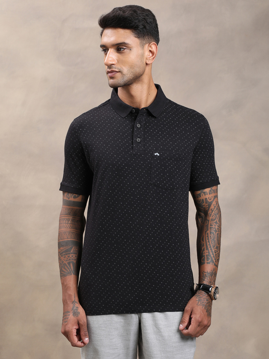 Image of TURTLE Printed Men Polo Neck Black T-Shirt