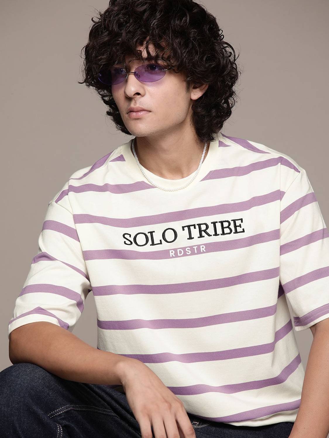 Roadster Men Striped Round Neck Cotton Blend Beige T-Shirt